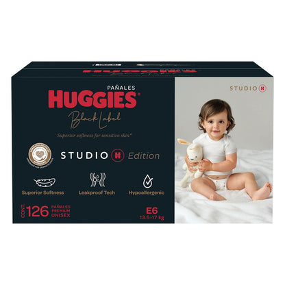Huggies Black Label Studio H Etapa 6, 126 Pañales Premium Unisex Hipoalergénicos Etapa 6 (para niños de 13.5 a 17 Kg)