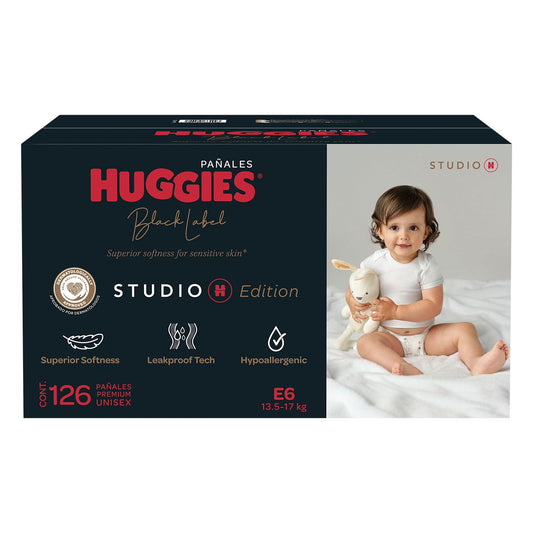 Huggies Black Label Studio H Etapa 6, 126 Pañales Premium Unisex Hipoalergénicos Etapa 6 (para niños de 13.5 a 17 Kg)