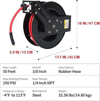 MaxWorks Manguera de Aire Retráctil con Rebobinado Automático y Accesorios de Latón, 50 ft, 80720