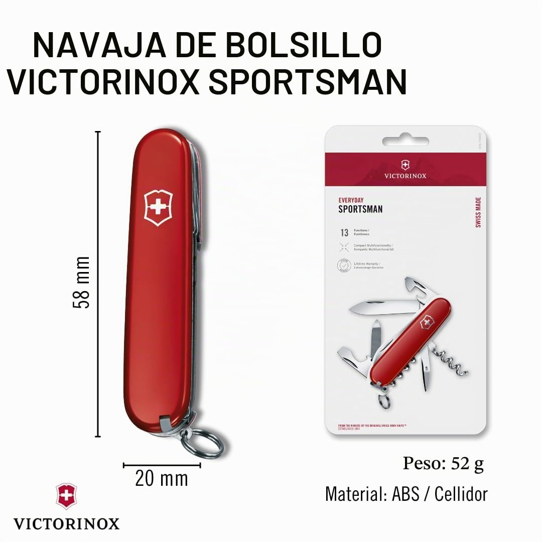 Victorinox Sportsman Tipo Oficial, Color Rojo, 13 Usos | Cuchillo suizo del ejército | cuchillo suizo victorinox | cuchillo suizo del ejército pequeño | cuchillo de bolsillo suizo |