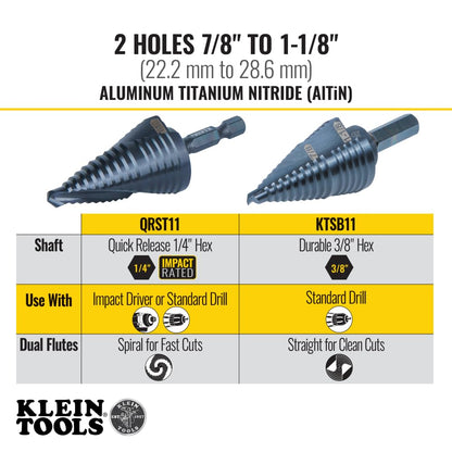 Klein Tools QRST11 Broca escalonada, espiral de liberación rápida, doble fluida, 7/8 a 1-1/8 pulgadas, vástago hexagonal, acero cortado, madera, plástico, aluminio