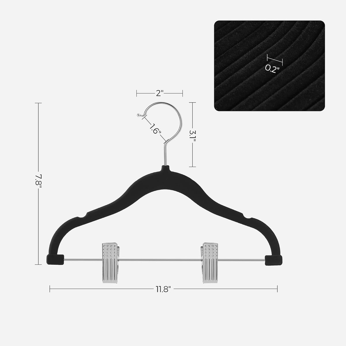 SONGMICS - Paquete de 30 Perchas para Pantalones de bebé con Clips, Perchas para niños con 6 divisores de Ropa, Colgador Antideslizante para niños, Color Negro UCRF013B30