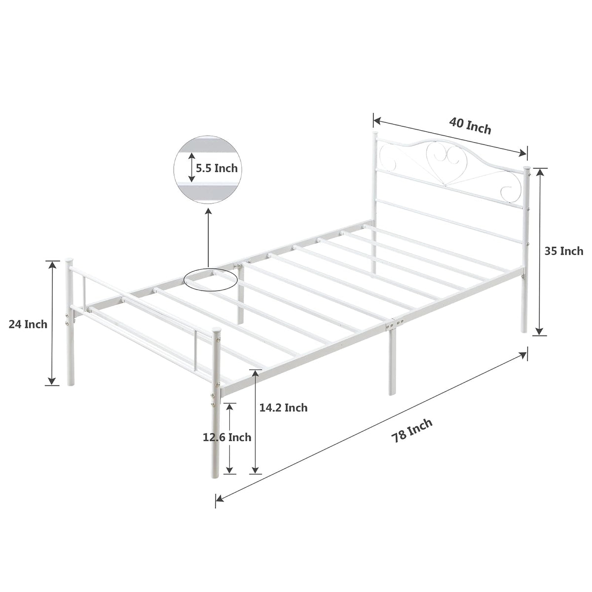 VECELO Base de Cama de Plataforma de Metal de 14 Pulgadas con cabecera y Estribo, Base de colchón Resistente con Soporte de láminas de Acero, no Necesita somier, Color Blanco