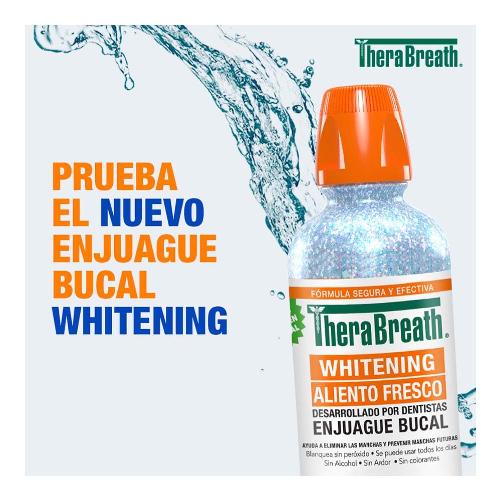 TheraBreath Enjuague Bucal sin Alcohol Whitening, Menta Brillante 473 ml. | Elimina y Previene Manchas en los Dientes. Aliento Fresco, Fórmula sin Peróxido, De Uso Diario. Desarrollado por Dentistas