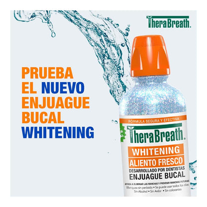 TheraBreath Enjuague Bucal sin Alcohol Whitening, Menta Brillante 473 ml. | Elimina y Previene Manchas en los Dientes. Aliento Fresco, Fórmula sin Peróxido, De Uso Diario. Desarrollado por Dentistas