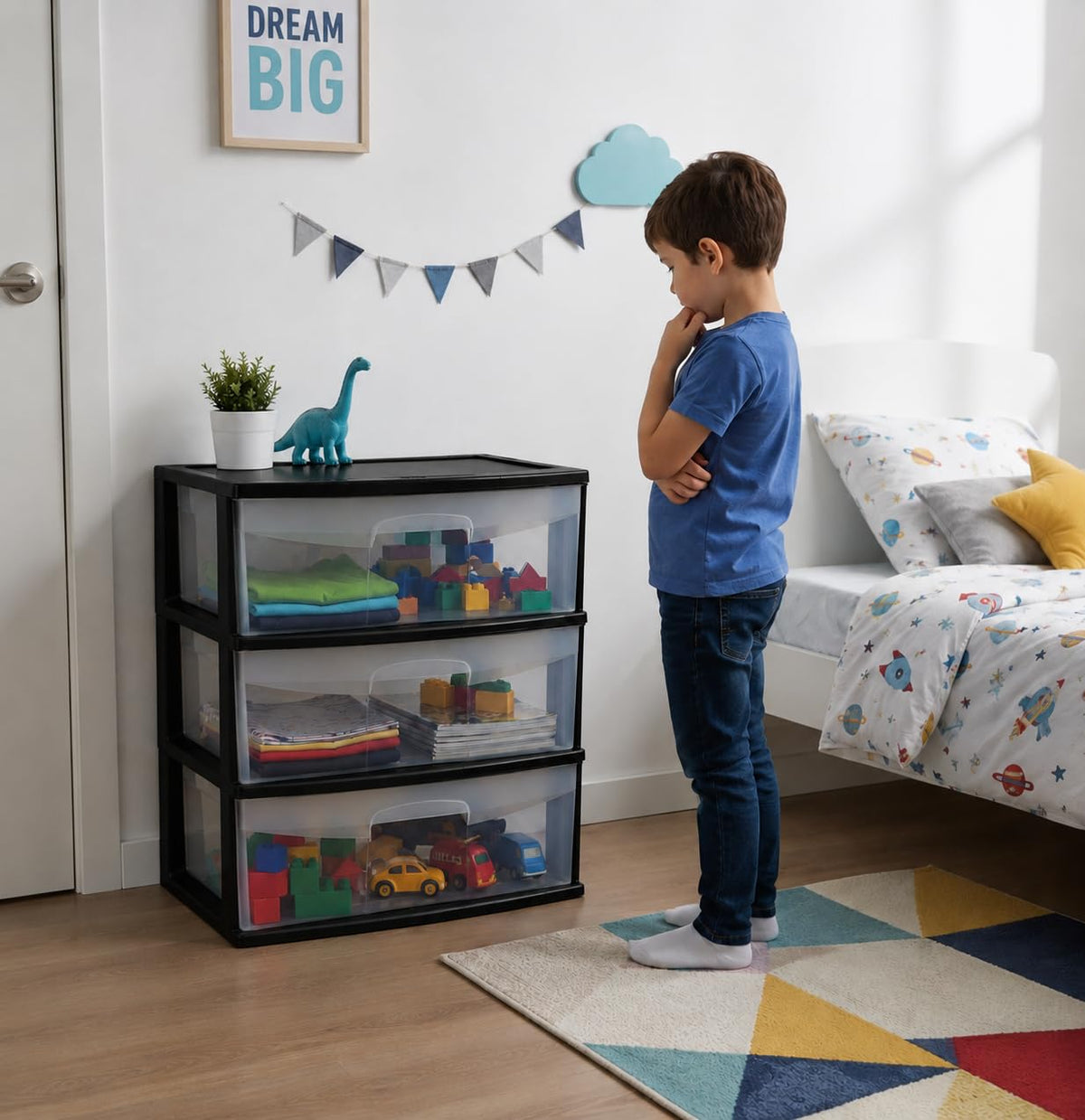 Italhome Cajonera RINO 3 de Plástico 3 Cajones Grandes Transparentes, Organizador Multiusos para Hogar y Oficina, Mueble Resistente, Color Negro