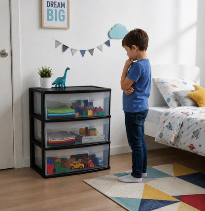 Italhome Cajonera RINO 3 de Plástico 3 Cajones Grandes Transparentes, Organizador Multiusos para Hogar y Oficina, Mueble Resistente, Color Negro