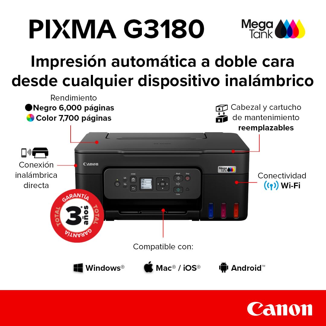 Canon Impresora Multifuncional Wi-Fi G3180 de Alto Rendimiento, impresión automática a Doble Cara