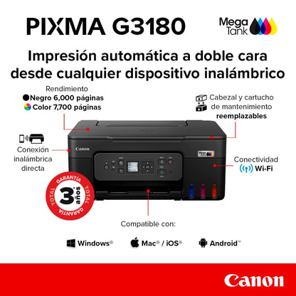 Canon Impresora Multifuncional Wi-Fi G3180 de Alto Rendimiento, impresión automática a Doble Cara