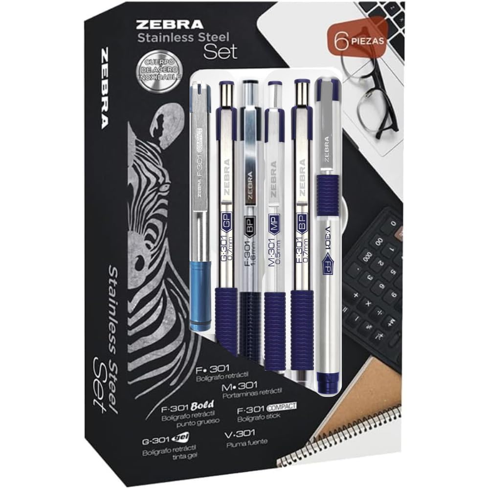 Zebra Stainless Steel Set Azul: Juego De Bolígrafo y Portaminas M/F 301 + Bolígrafo F-301 Bold + Bolígrafo F-301 Compact + Bolígrafo Tinta Gel G-301 + Pluma Fuente V-301.