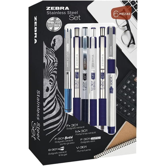 Zebra Stainless Steel Set Azul: Juego De Bolígrafo y Portaminas M/F 301 + Bolígrafo F-301 Bold + Bolígrafo F-301 Compact + Bolígrafo Tinta Gel G-301 + Pluma Fuente V-301.