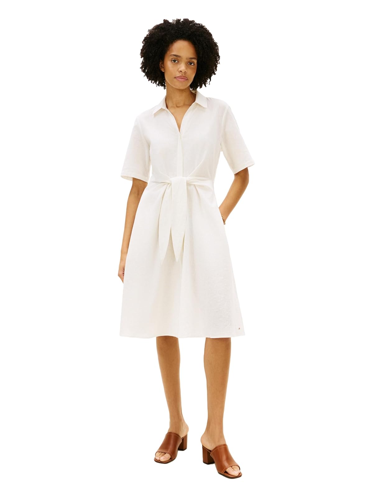 Tommy Hilfiger Short Sleeve Linen Shirt Midi Dress with Pockets Vestido Informal Mujer
