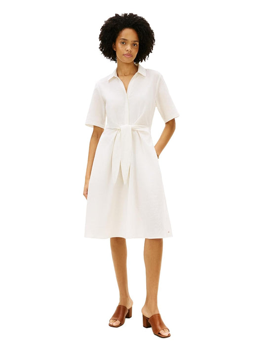 Tommy Hilfiger Short Sleeve Linen Shirt Midi Dress with Pockets Vestido Informal Mujer