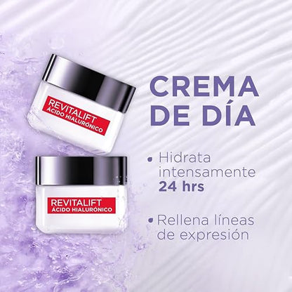 L'Oréal Paris Rutina facial hidratante Revitalift Ácido Hialurónico (2 piezas): Crema de día FPS20 50ml + Crema de noche 50ml. Hidrata y rellena líneas de expresión, para todo tipo de piel