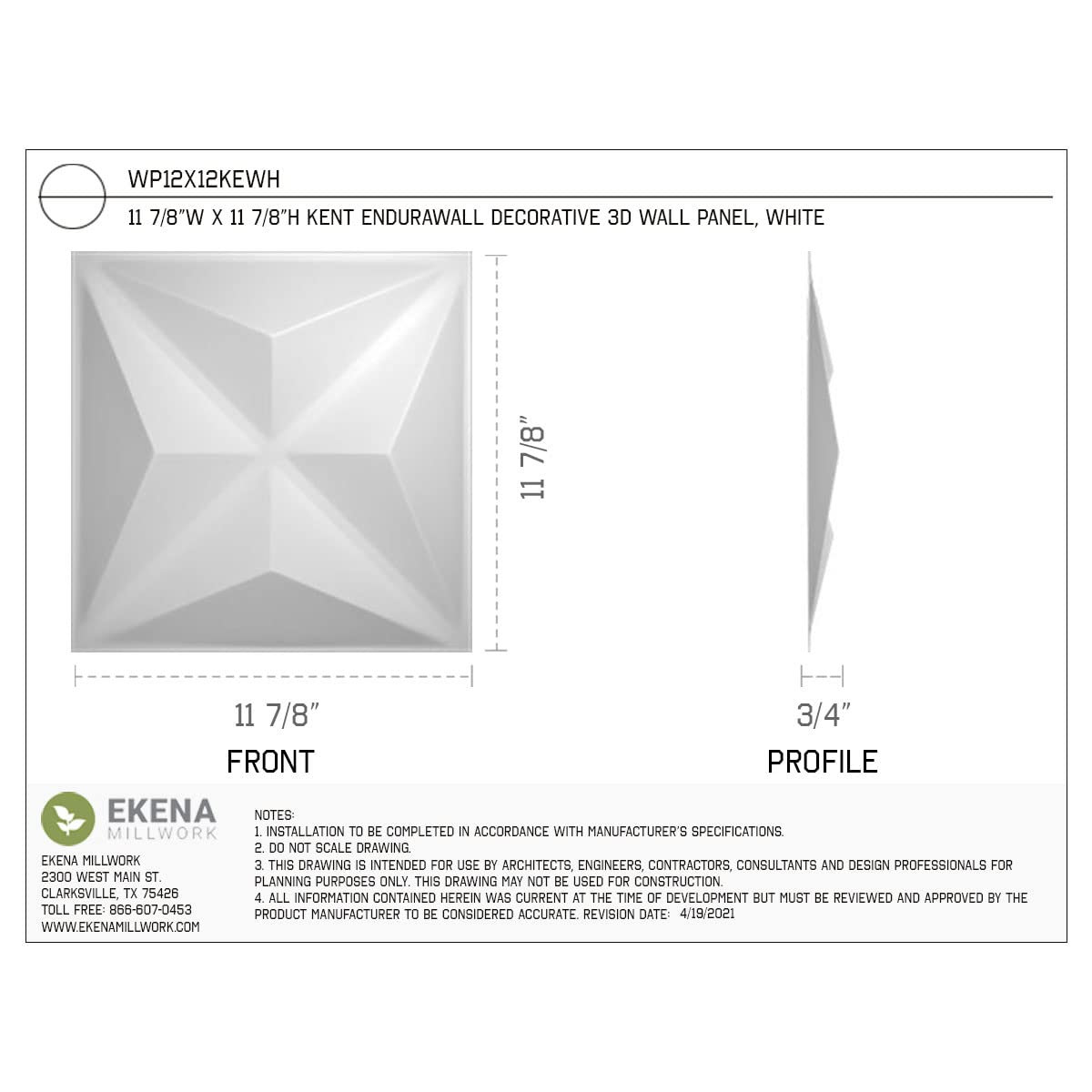 Ekena Millwork WP12X12KEWH Paquete de azulejos, Sencillo, Blanco