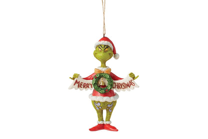 Enesco Dr. Seuss Grinch by Jim Shore Santa Grinch Holding Merry Christmas Banner Colgante Ornamento Colgante, Hecho a Mano, Pintado a Mano, Adornos coleccionables para árbol de Navidad, Regalo de