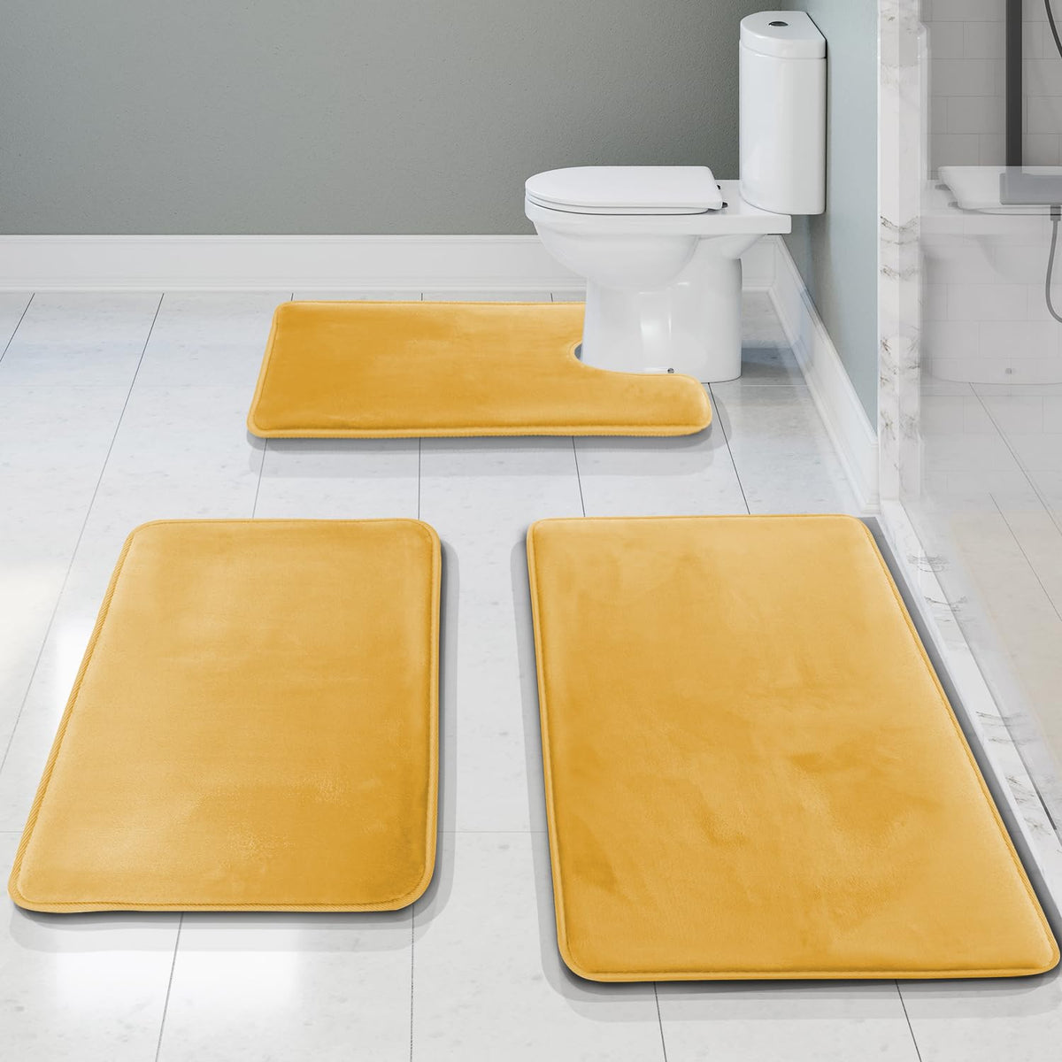 Clara Clark - Alfombra Antideslizante de Espuma con Efecto Memoria para Ducha, Color Negro, Dorado Camello, Paquete de 3, 1, 3 - Sólido - 17 x 24 + 20 x 32 + Contorno - Camel Oro