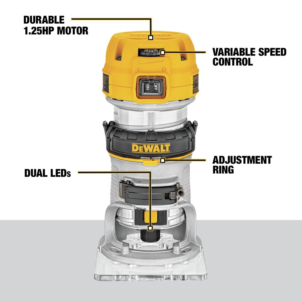 DEWALT Max DWP611 1.25 HP Fresadora Compacta de Velocidad Variable y Par de Torsión, 1.25 Hp con Luz LED
