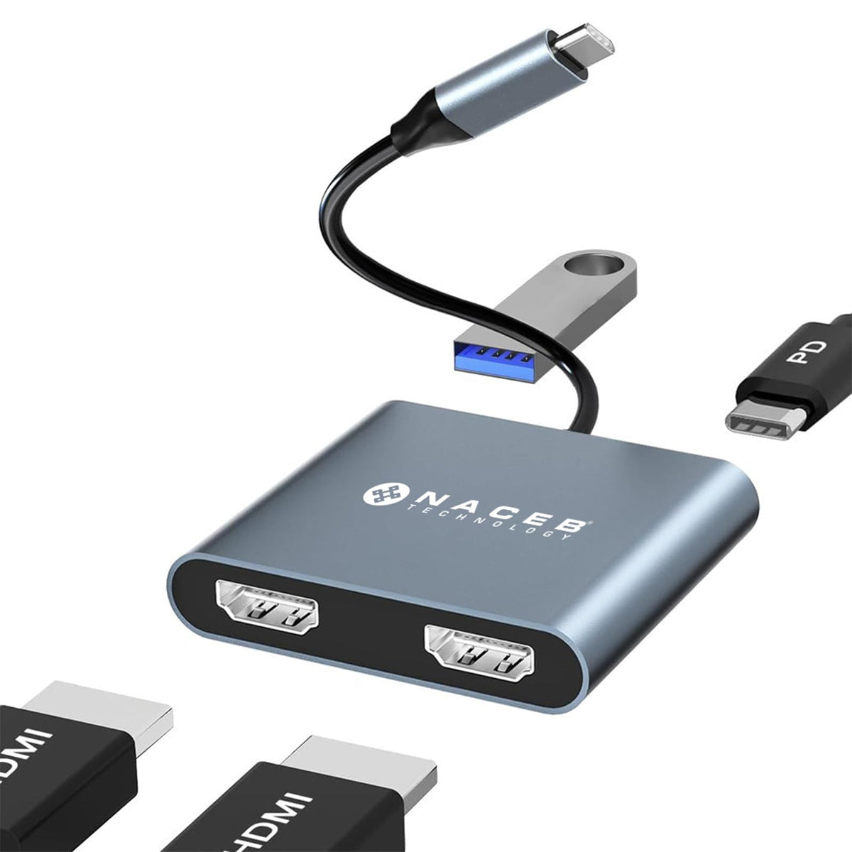 Naceb Technology HUB USB-C 4 en 1 Dual HDMI 4K, Adaptador Multipuerto con 100W PD Carga Rápida y USB 3.0 de 5Gbps, Estación de Trabajo Compacta para MacBook, Laptop y iPad, Gris Espacial (NA-0148)