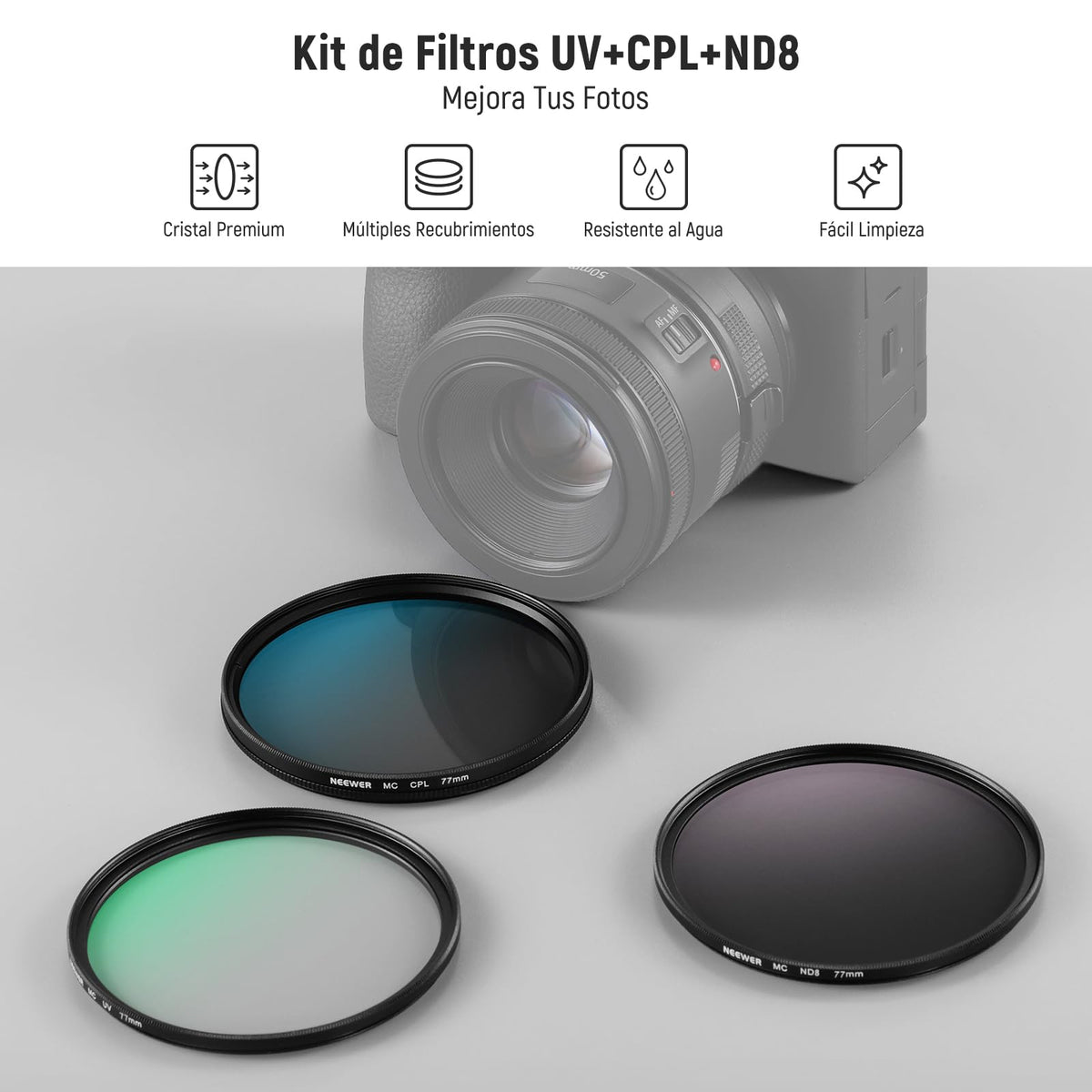 NEEWER 77mm UV/CPL/ND Kit Filtros Lentes, Protección UV + Polarización Circular + Densidad Neutra (ND8) con Cristal Optico Multicapa, Marco Delgado y Estuche Plegable Mejorado