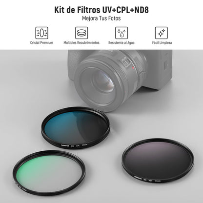NEEWER 77mm UV/CPL/ND Kit Filtros Lentes, Protección UV + Polarización Circular + Densidad Neutra (ND8) con Cristal Optico Multicapa, Marco Delgado y Estuche Plegable Mejorado
