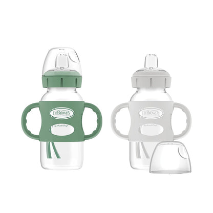 Dr. Brown's Milestones Botella con Asas de Silicona, 270 ml - 1 Count (Pack of 2) - Paquete de 2, verde y gris