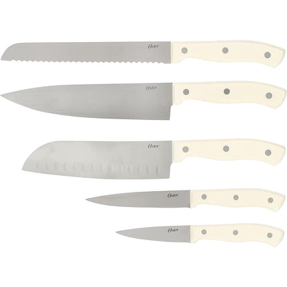 Oster Evansville 14 Piece Cutlery Knife Block Set, Stainless Steel w/Linen White Handles