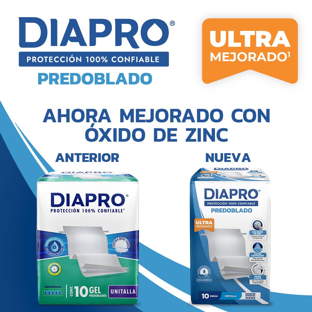 Diapro Pañal Predoblado Gel para Incontinencia, Unitalla, Paquete con 10 Piezas, ideal para personas en cama o para cubrir alguna superficie