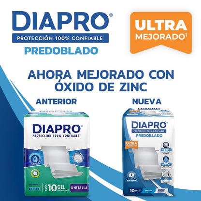 Diapro Pañal Predoblado Gel para Incontinencia, Unitalla, Paquete con 10 Piezas, ideal para personas en cama o para cubrir alguna superficie
