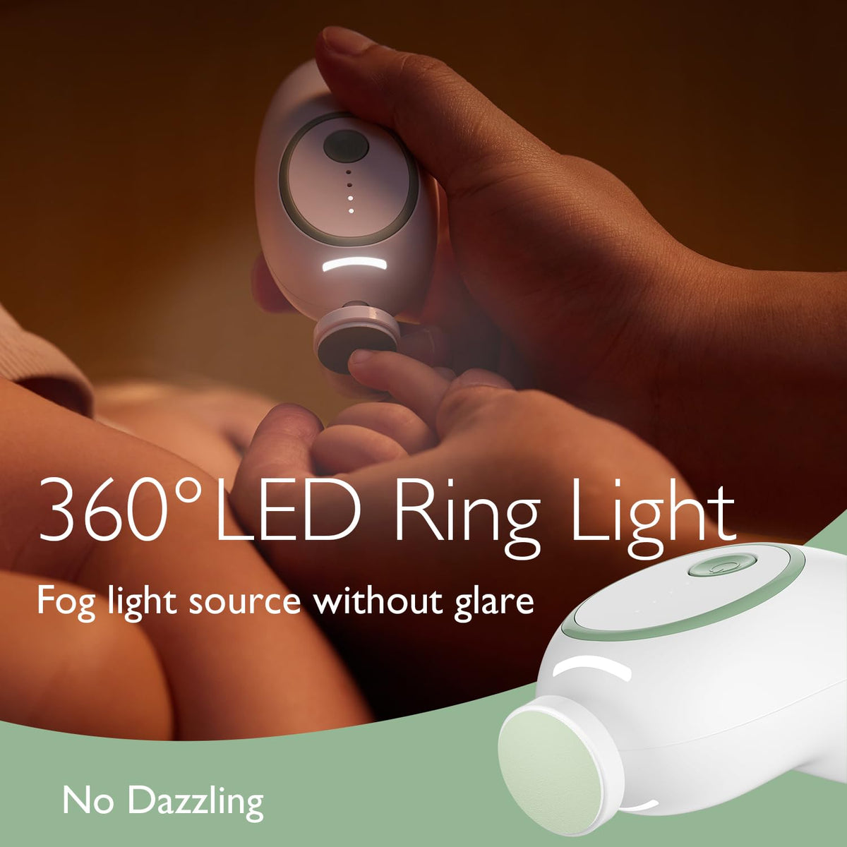 Momcozy Lima de Uñas Eléctrica Recargable para Bebé, Cortaúñas Infantil con Luz Nocturna, 7 Cabezales de Repuesto, Color Verde