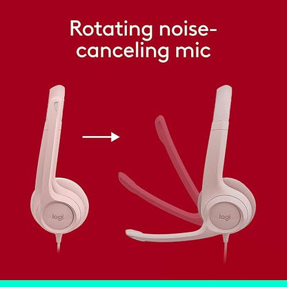 Logitech H390 Headsets con Cable para PC/Laptop, Auriculares estéreo con micrófono y cancelación de Ruido, USB-A, Controles directos, Funciona con Chromebook - Rosa