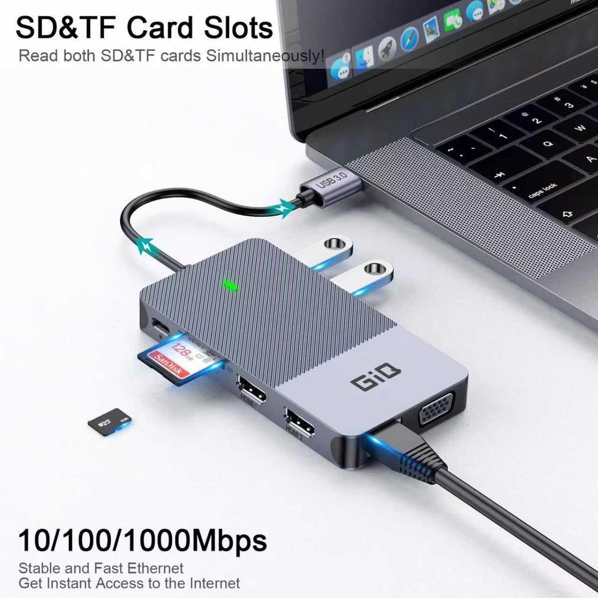 Estación de Acoplamiento USB GIQ USB C HUB USB 3.0 a Doble HDMI VGA Adaptador de Triple visualización USB C estación de Acoplamiento para portátil de Doble Monitor HDMI Splitter Extender Compatible