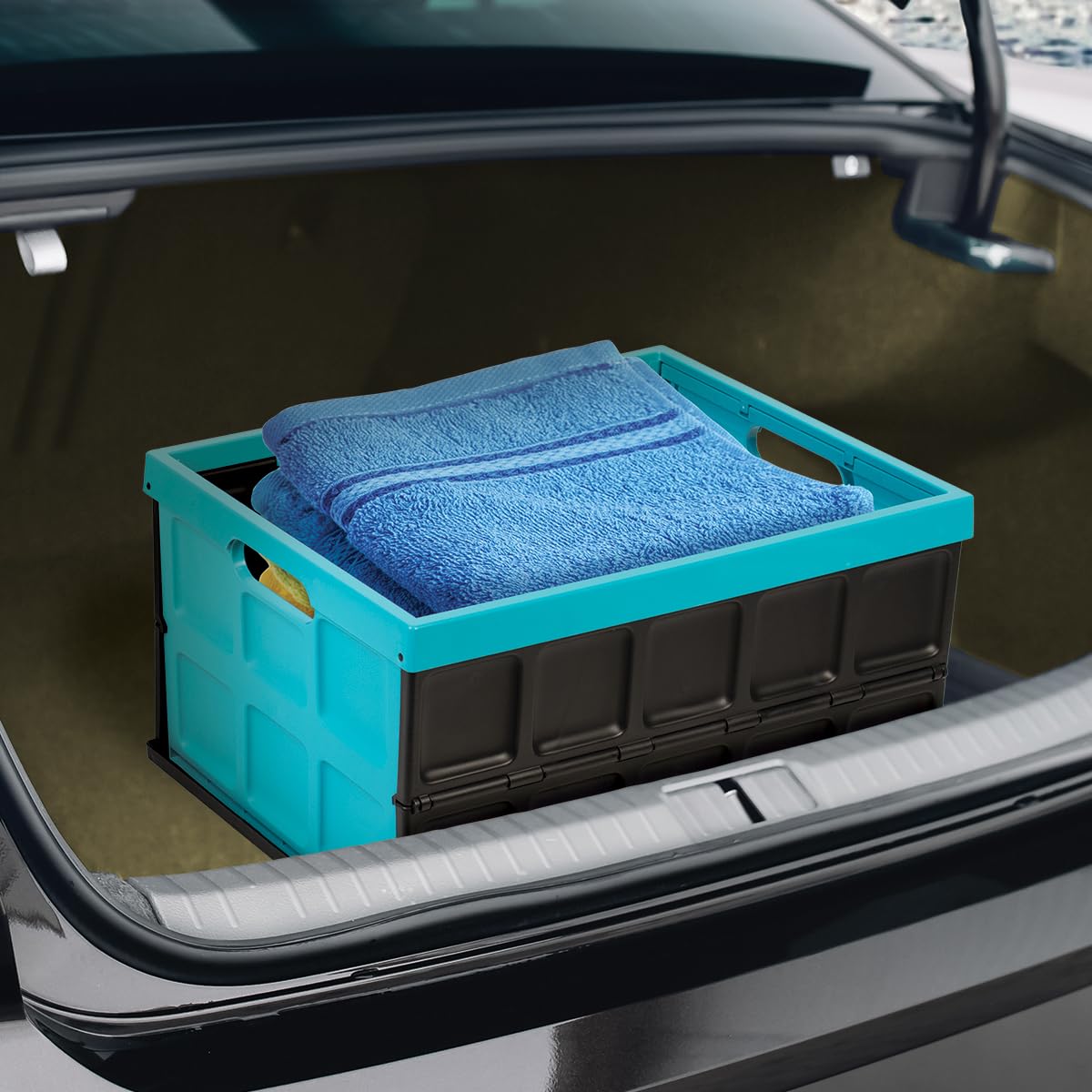 Glad - Contenedor plegable de almacenamiento con tapa, caja de plástico plegable de 48 litros para cochera, maletero y organización, contenedor apilable con tapa con asas, color turquesa