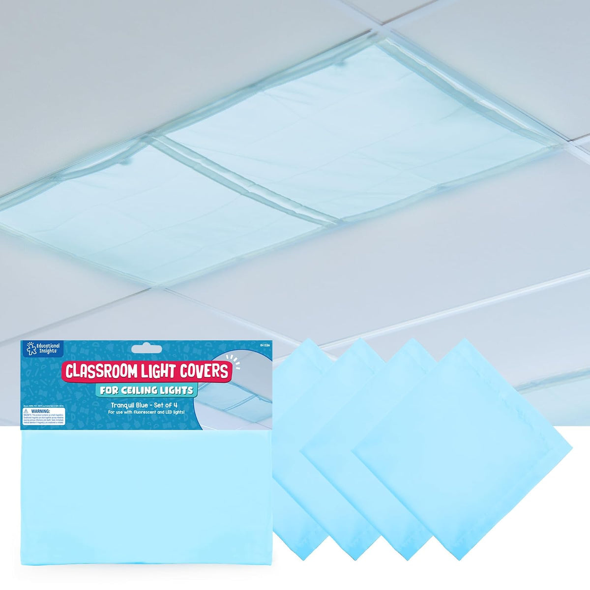 Educational Insights Mini Light Filters. Azul claro 2' x 2' paquete de 4. Reduce el brillo y el parpadeo, fácil instalación para oficinas, hospitales, hogares y aulas - Tranquil Blue