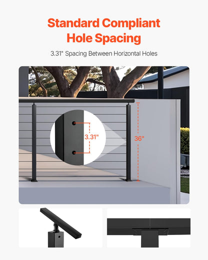 VEVOR Poste de Pasamanos de Cable, Poste de para Escalera de Terraza 91,4x2,5x5 cm Poste de Acero Inoxidable con Piquetes Preperforados y Soporte de Montaje, Negro, 1JZLGZXHS914LZA6X001V0