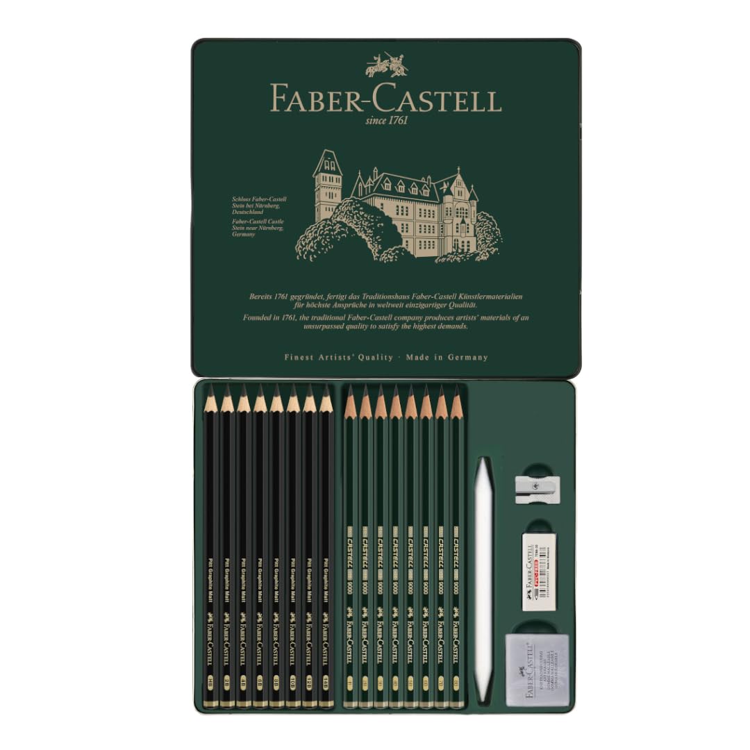 Faber-Castell Set Pitt Graphite Matt & Castell 9000, Estuche de metal con 20 artículos, 8 Castell 9000 y 8 Pitt Graphite Matt, cuenta con sacapuntas de metal, goma, goma moldeable y difuminador