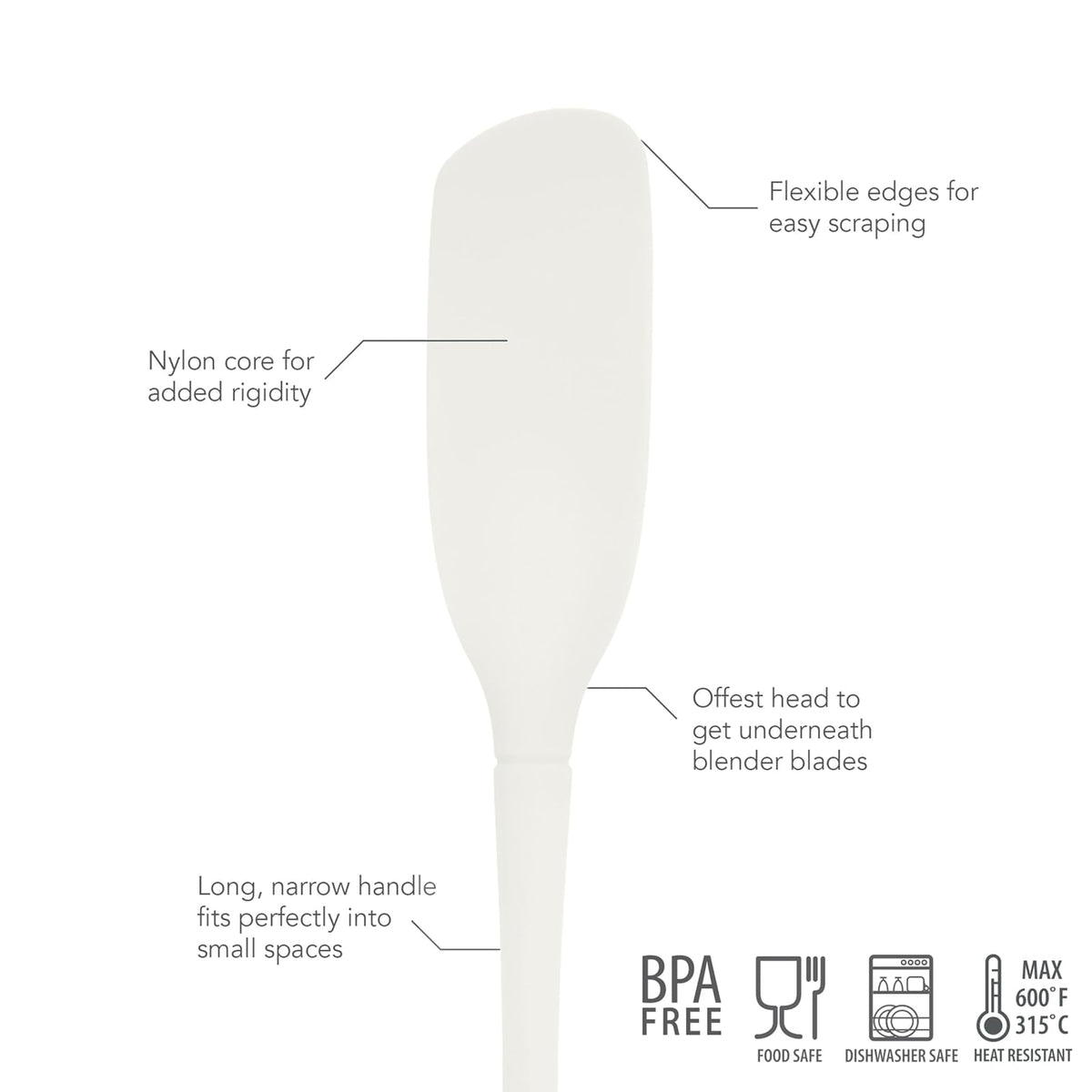 Tovolo Flex-Core Batidora de borde flexible con mango extralargo, cabeza en ángulo que llega por debajo de las cuchillas, espátula de silicona para batidos y cócteles mezclados, 1 EA, blanco