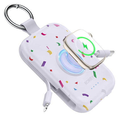 RORRY Power Bank 5000mAh con Cables Integrados, 3 en 1 - Confetti-Blanco