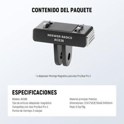 NEEWER Basics Adaptador Montaje Soporte Magnético Liberación Rápida Compatible con Insta360 Ace Pro/Ace Pro 2, 2 Prong Action Camera Accesorios para Fotografía Filmación Grabación Video, AC038