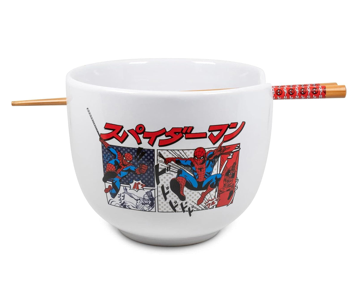Silver Buffalo Tazón de Cerámica para Ramen con Palillos y Cuchara, 592 ml - Paneles Manga Spiderman