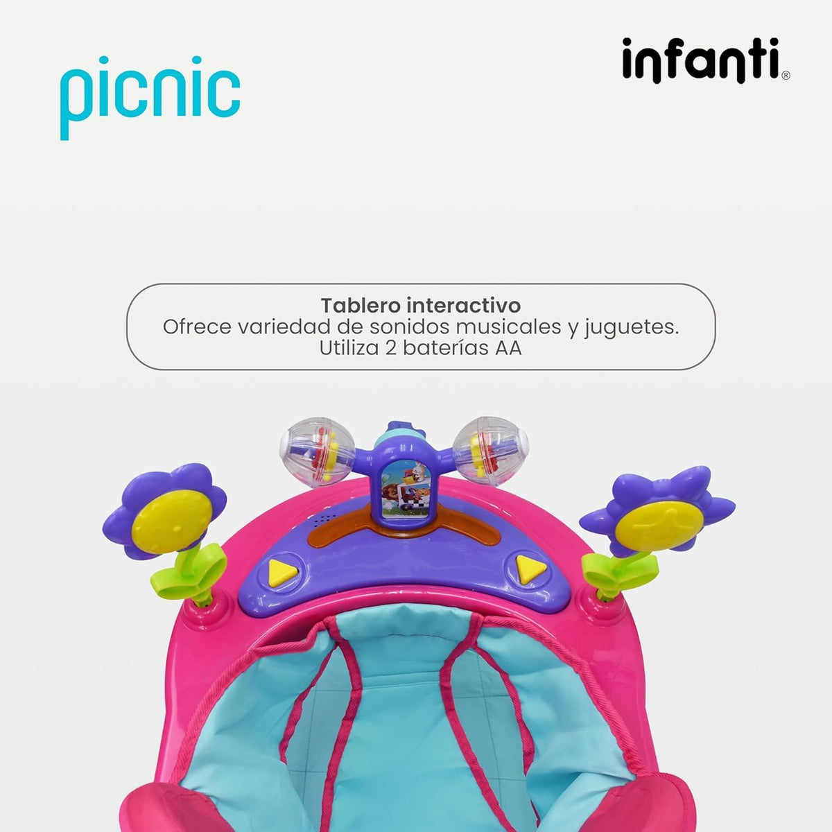 Infanti - Andadera para Bebe 3 en 1 PICNIC - Con Paseador y Juguetero Musical - Barra de Empuje - Color Rosa