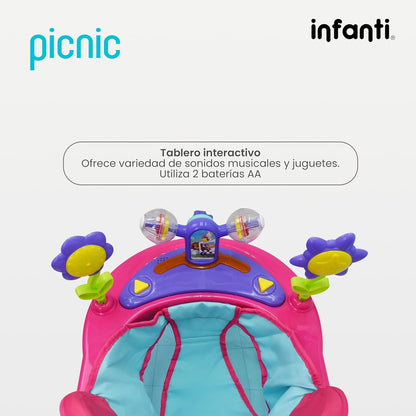 Infanti - Andadera para Bebe 3 en 1 PICNIC - Con Paseador y Juguetero Musical - Barra de Empuje - Color Rosa