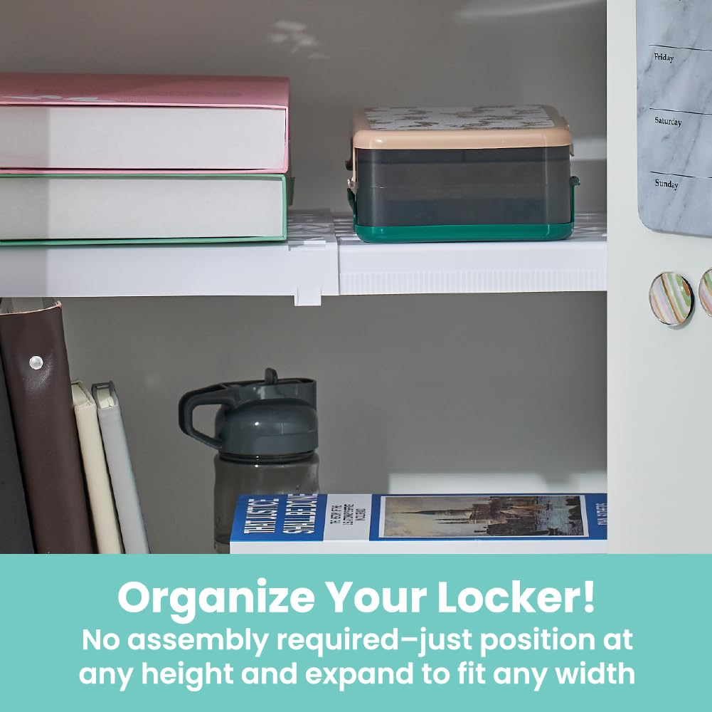 LockerMate Adjust-A-Shelf Locker Shelf, Extends to Fit Your Locker, Easy to Use, Perfect for School, Office, Gym, White