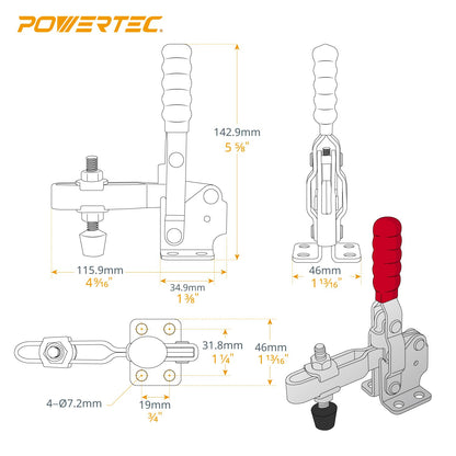 POWERTEC - Abrazadera de palanca de 226 kg, capacidad de sujeción de 500 libras, abrazaderas verticales de liberación rápida 12130 con punta de presión de goma antideslizante para plantillas y