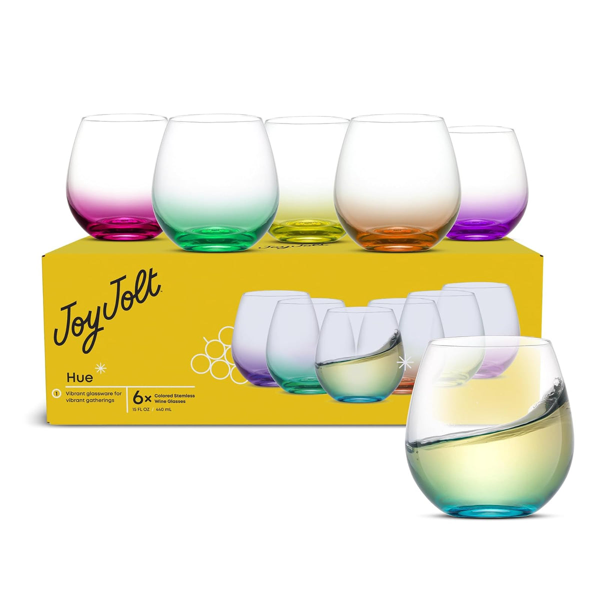 JoyJolt Hue Stemless Wine Glass Set, Large 15 oz Juego de 6 tazones de vino Blanco Rojo o aguamarina, Sin tallo, vaso de colores
