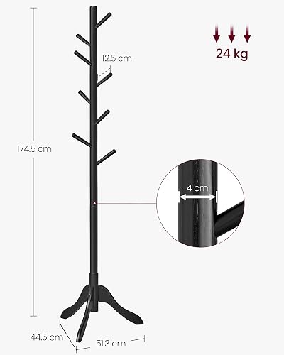 VASAGLE URCR001B01 - Perchero de madera maciza con 8 ganchos,3 opciones de altura,para ropa,sombreros,bolsos,sala de estar,recámara,oficina en casa,oficina,color negro tinta.