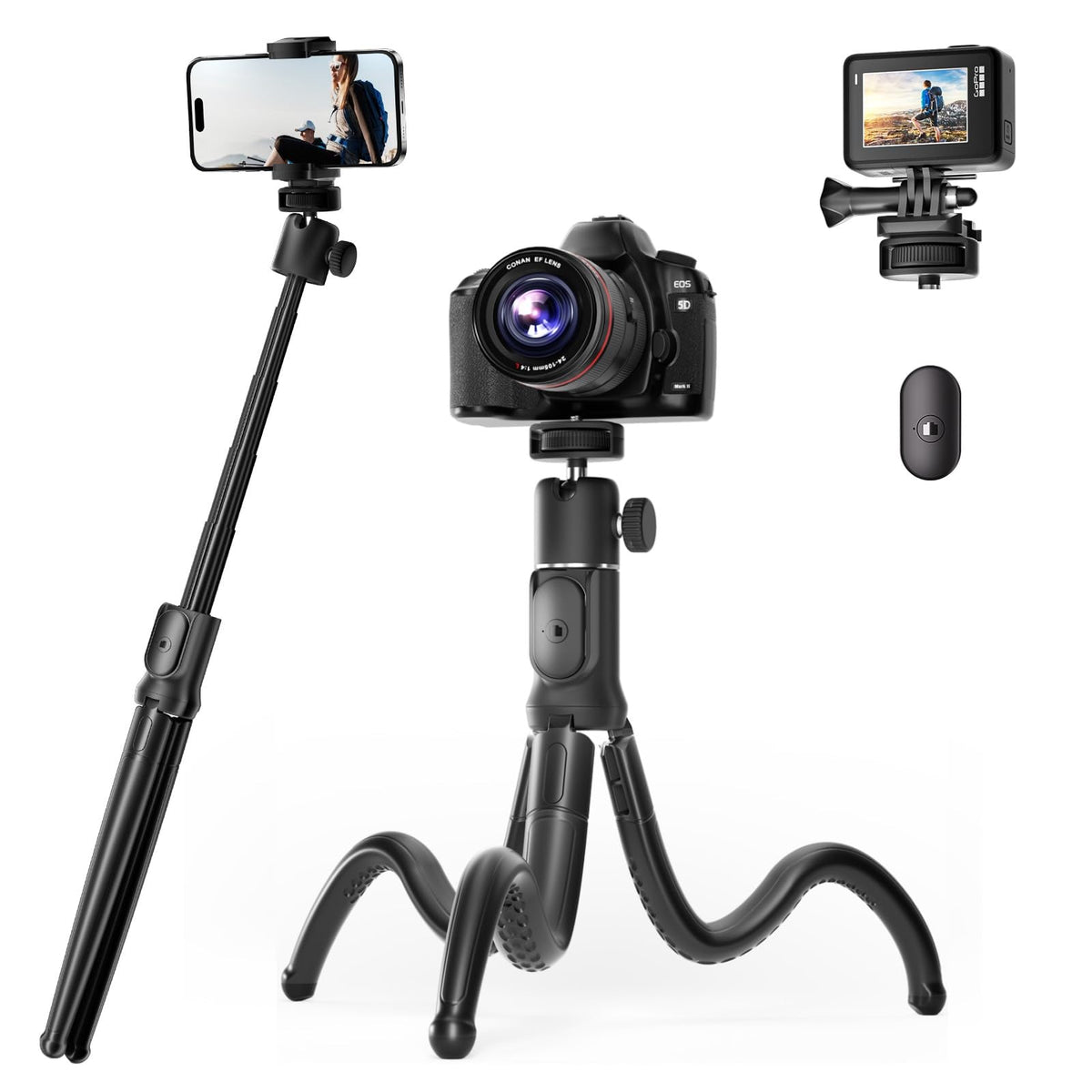 UBeesize - Trípode Extensible para teléfono, trípodes Flexibles con Control Remoto, Palo Selfie 3 en 1 con Soporte Gopro, Soporte para iPhone para grabación, volgging, transmisión en Vivo Apto para
