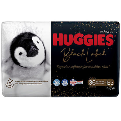 Huggies Black Label Pañales Desechables Premium, Etapa 3 Unisex, Bolsa con 36 piezas, Ideal para bebés de 7 a 10 kg