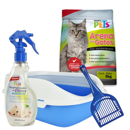 Fancy Pets Kit para Gato, Arenero 43x31x10 cm, Arena 3 kg, Pala y Neutralizador de Olores 250 ml — Kit para Higiene de Gatos