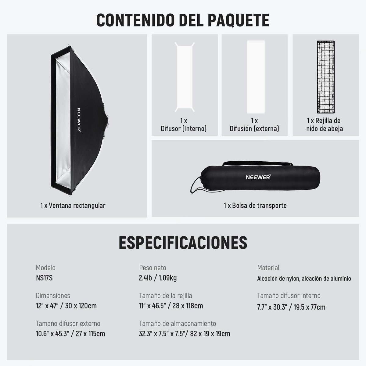 NEEWER 12"x47" Softbox Rectangular Plegable de Configuración Rápida, Bowens Mount con Difusor/Rejilla de Panal/Bolsa, Compatible con Godox Aputure 120d Luz Vídeo Q4 Flash Estroboscópico Estudio, NS17S